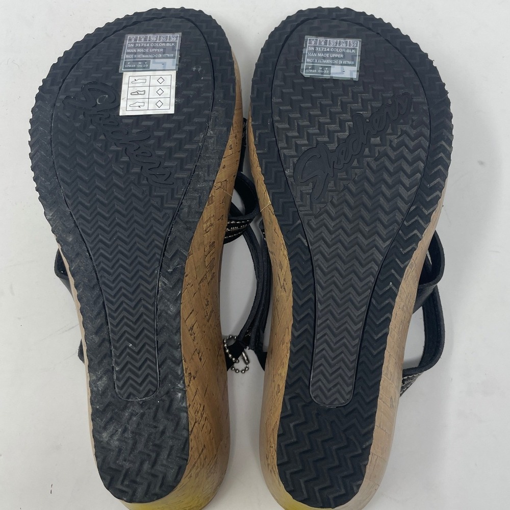Skechers Cali Womens 9 Black Luxe Foam Wedge Sandals 31714 Strappy Cork Heel - Picture 6 of 8